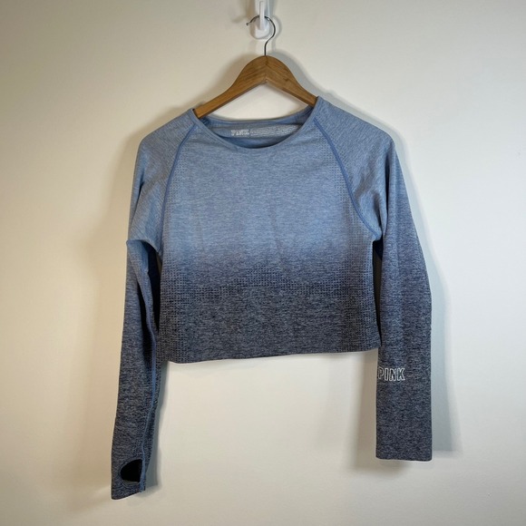 PINK Victoria's Secret Tops - PINK Victoria's Secret Seamless Cropped Long Sleeve Blue Ombre Workout Top XL
